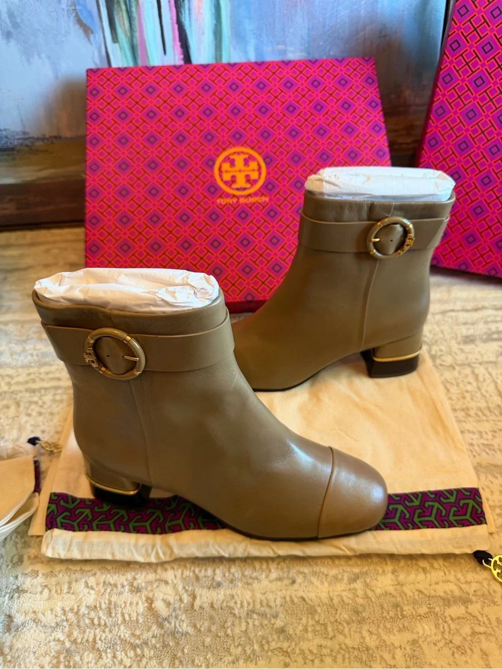 Tory Burch Multi Logo Ankle Booties with Gold Buckle